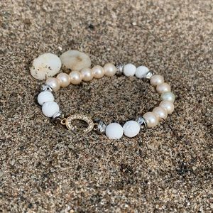 White Lava Bead & Pearl Bracelet with Charm